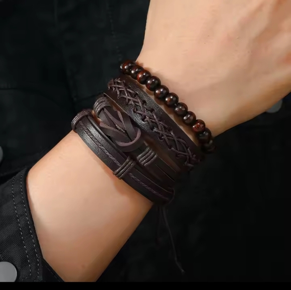 Brown Leather Bracelet Set Braided Beaded New f23 - Picture 2 of 3